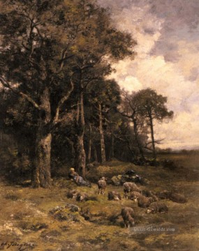  flock - Schäferess Resting mit ihrer Menge Tierier Charles Emile Jacque